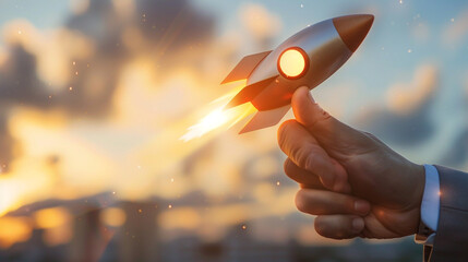 Businessman control rocket is launching and soar flying out from hand to sky for growth business
