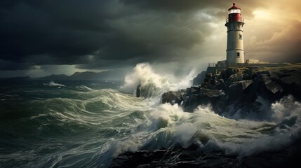 Stormy seas under lighthouse beam: A powerful tower, against an overcast sky, guards the rocky shore in the evening.