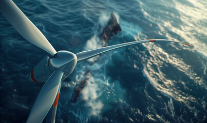 Obraz premium A wind farm in the open sea is a technologically advanced solution in the field of renewable energy sources.