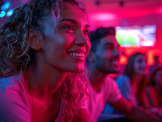 Group of young Latin friends watching football on television, smiling, in an environment of red neon lights.