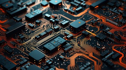 Fototapeta premium Elevate your screen with a wallpaper capturing the essence of technology, featuring a printed circuit board adorned with intricate tracks and digital engineering details.