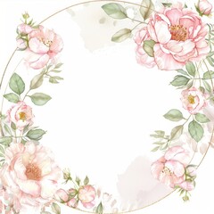 Pink watercolor floral frame, white background with a gold line border 