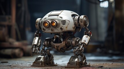 Fototapeta premium A futuristic cyborg android machine, the pinnacle of engineering, with metal arms stands in the workshop