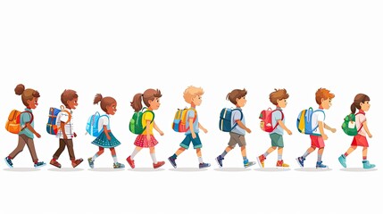 A group of children walking in a line with backpacks. The children are of different ages and genders
