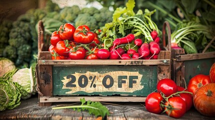 Fresh vegetables on sale with a 20 off sign