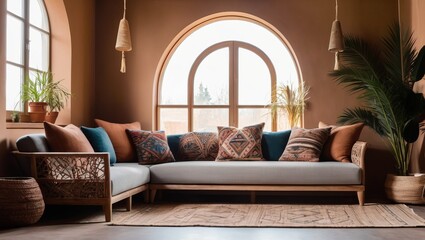 Corner sofa with pillows against arched window. Boho ethnic home interior design of modern living room.
