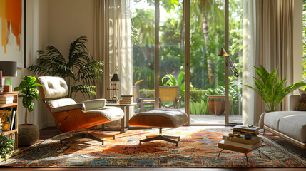 Fototapeta premium A living room with a rug and plants.
