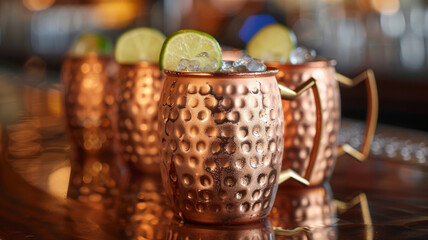 Copper mugs with cocktails on bar counter.