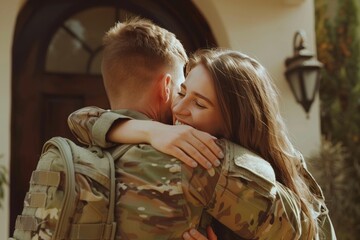 Soldier coming home from duty, hugging his wife in front of the house
