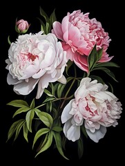 pink and white peonies watercolor drawing on black background