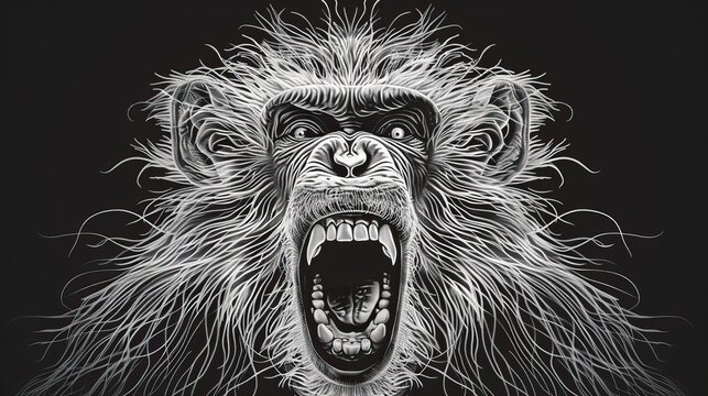 A monochrome illustration of an angry monkey with an open mouth