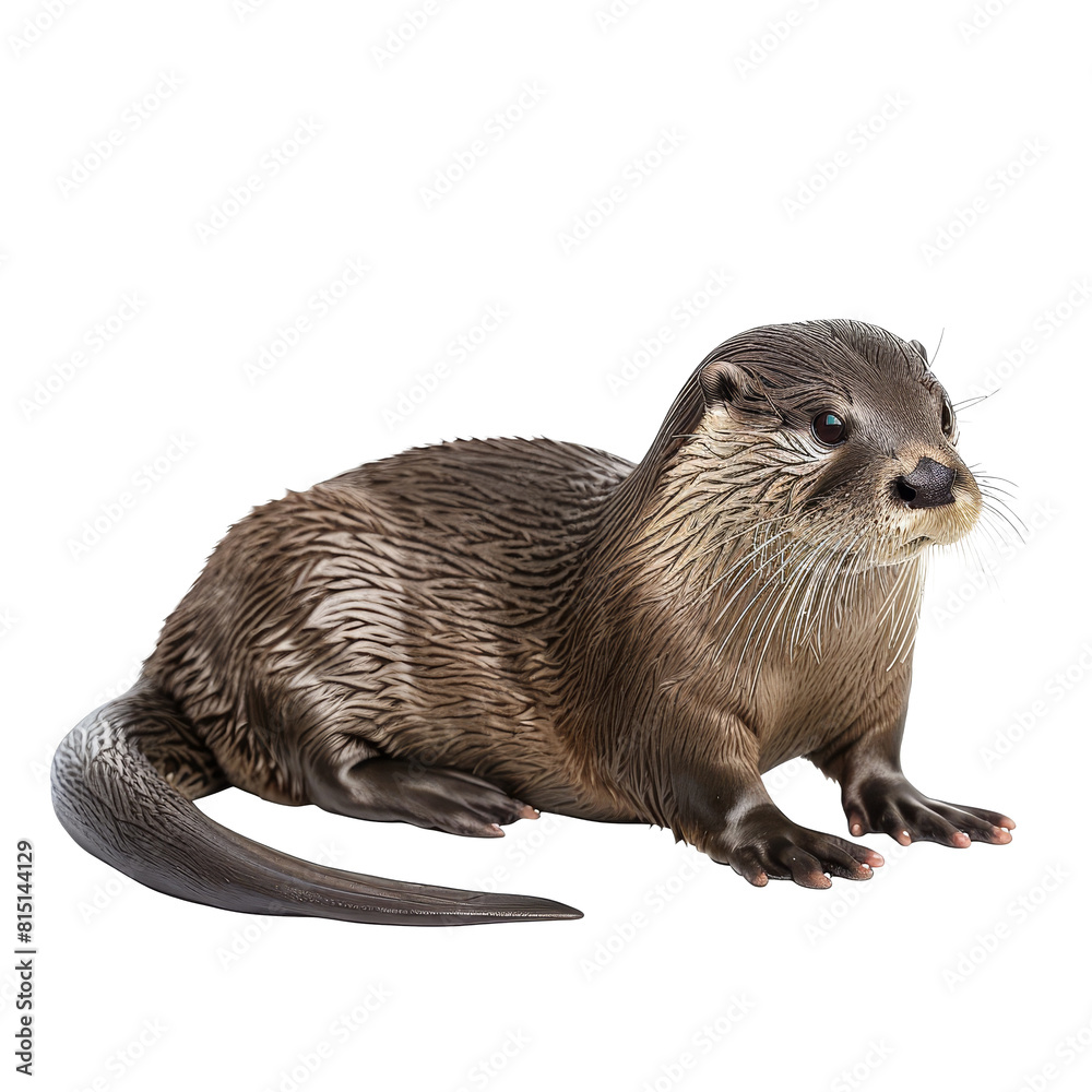 Poster An otter is calmly seated on a plain white surface, a Beaver Isolated on a whitePNG Background