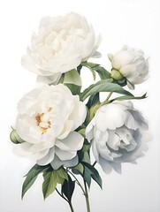 pink and white peonies watercolor drawing on white background