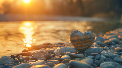 A heart-shaped arrangement of stones placed on a tranquil riverbank, with the sun setting in the background, representing the timeless and enduring nature of love and gratitude. Dy