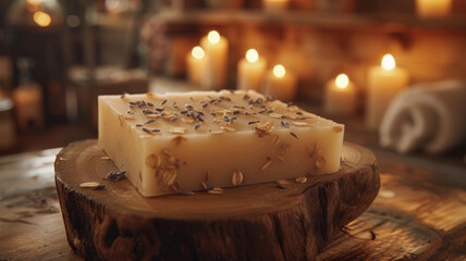 Handmade lavender soap on wooden surface