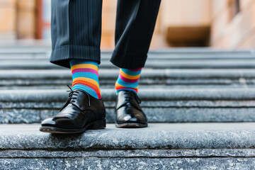 Close up photo of a man wearing black shoes and different pair of colorful striped socks,