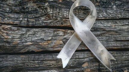 A silver ribbon symbolizing awareness for Parkinson s disease brain disorders and brain cancer is displayed on a rustic wooden background