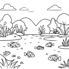 Simple vector illustration of Pond drawing for toddlers coloring activity