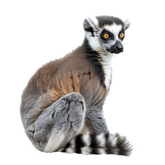 Fototapeta premium A ring tailed lemur is sitting on a plain Png background, a ring-tailed lemur isolated on transparent background