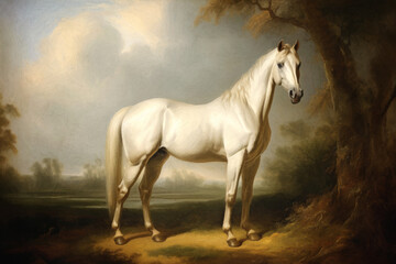 white horse in the field in the style of old masters painting