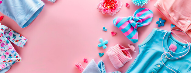 Fototapeta premium A baby clothes set on a pink background.