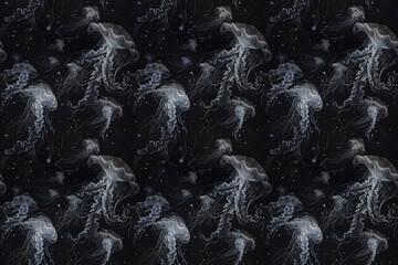 Obraz premium Pattern of translucent jellyfish floating in a dark underwater scene