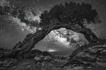 A tree with a large arch is surrounded by a dark sky with stars - Powered by Adobe