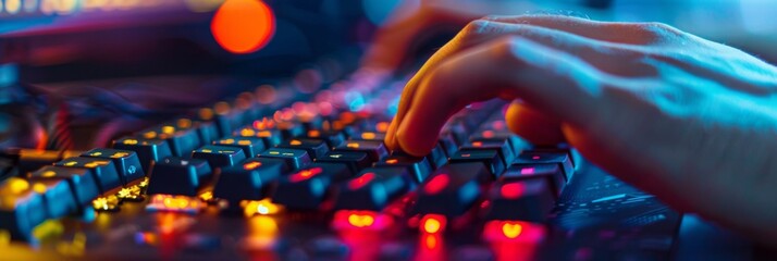 Close-up of Hands Using Backlit Keyboard on Computer
