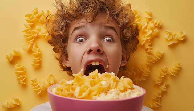 Child amazed by a bowl of macaroni