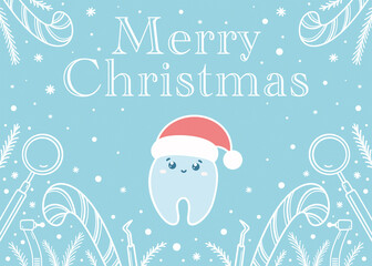 Cute smile teeth with xmas accessories on Merry Christmas dentist greeting card. White winter teeth emoji in santa hat. Flat design cartoon style vector illustration. Snowflakes, Merry Christmas