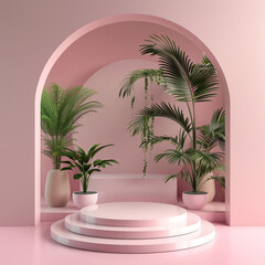 Modern Podium with plants on pink background 3D render podium
