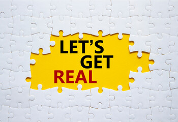 Lets get real symbol. Concept words Lets get real on white puzzle. Beautiful yellow background....