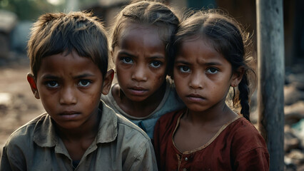 Group of kids in tattered clothes.