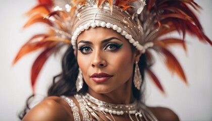 portrait of a beautiful samba dancer Latina woman, isolated white background
