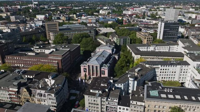 Aerial drone view of Grillo Theater in Essen, Germany. Grillo-Theater is a theatre located in Hirschlandplatz in Essen. 