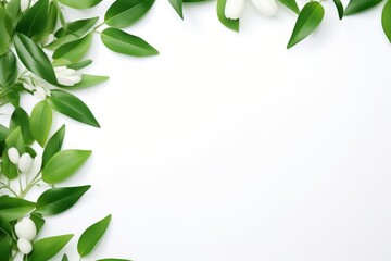 Fototapeta premium A refreshing springtime design featuring a border of vibrant green leaves and delicate white flowers on a clean white background. Spring Green Leaves and White Flowers Border