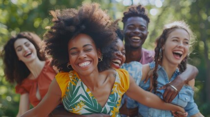 A group of multi-racial friends having fun in a green summer park. Youthful African American woman carried by a group of cheerful, joyful people. Banner. concept of friendship. - Powered by Adobe