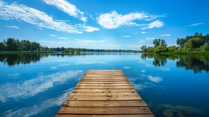 A wooden dock stretches out into a calm lake under a blue sky with fluffy clouds - Powered by Adobe