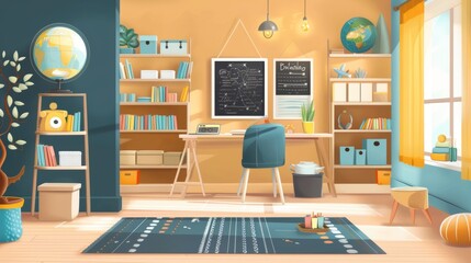 This is a modern and spacious study room for children at home. There is a desk, chair, bookshelves, chalkboard, lamps, plants, boxes, toys, rug, and laminate flooring.