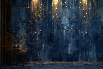 Elegant Interior Design: Playful Metallic Raindrop Artistry on a Bold Midnight Blue Wall
