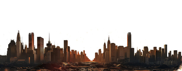 vast post apocalyptic city skyline sunset silhouette - premium pen tool cutout - city with tall buildings and skyscrapers - debris and destruction - wide panoramic angle 