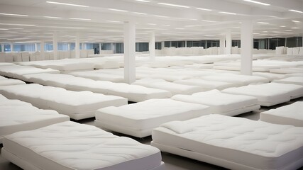 The focal point of the production plant is rows of luxurious white mattresses neatly arranged in a showroom-like display. The mattresses are of high quality, boasting plush comfort layers, supportive 