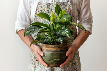 Envision an image that captures the warmth of a flower shop. The scene features hands, covered in a floral-patterned apron, lovingly holding a potted green flower.
