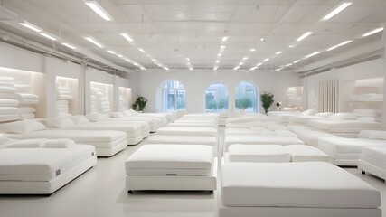 The focal point of the production plant is rows of luxurious white mattresses neatly arranged in a showroom-like display. The mattresses are of high quality, boasting plush comfort layers, supportive 