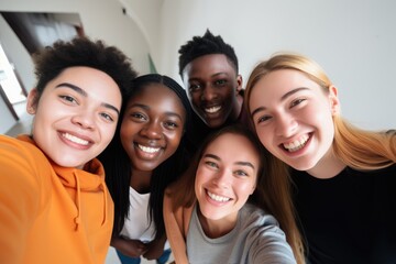 Fototapeta premium A vibrant group selfie of diverse young friends capturing a joyful moment in a bright, indoor setting. Diverse Group of Friends Taking a Selfie Together