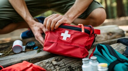 A male individual is assembling a first aid kit amidst the trees and foliage of a woodland setting.