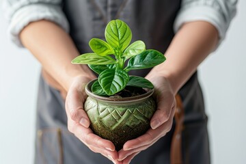 Visualize a serene moment in a flower shop, with a close-up of hands adorned in a gardening apron. These hands are tenderly embracing a pot containing a lush, green flower.