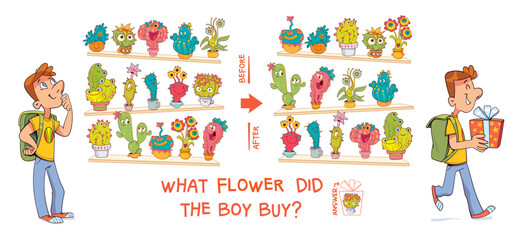 Find the differences puzzle game. What flower did the boy buy? Find hidden objects in the picture. Puzzle Hidden Items. Educational game for children. Cartoon characters. Attention task. Worksheet