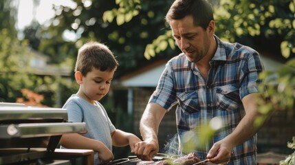 A father and his son are grilling food on the barbecue grill in an outdoor setting.