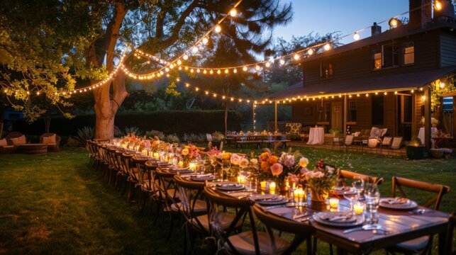 A dinner table is elegantly set up in a yard illuminated by string lights.